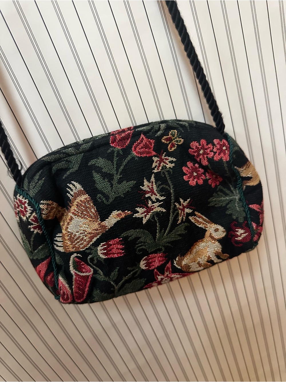 Vintage Authentic Woven Tapestry Woodland Rabbit Bird Floral Shoulder Purse USA